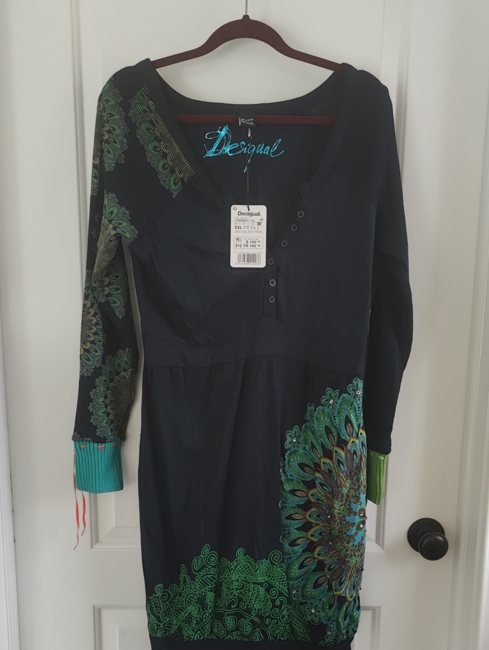 Desigual Navy Blue Dress with Green Peacock Motif